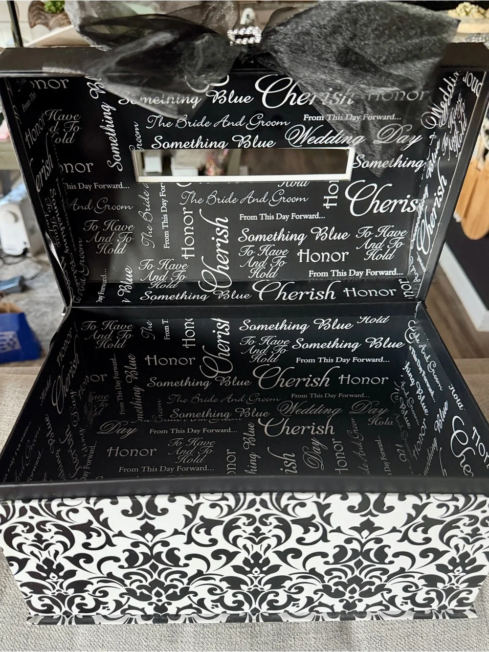 Black and White Damask Decorative Gift Box with Black Organza Bow